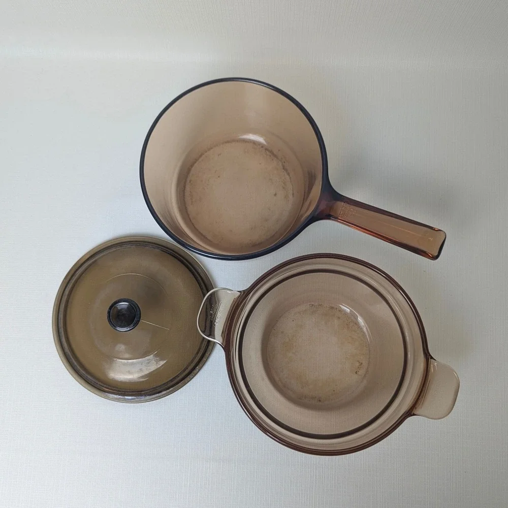 Corning Visions Amber Glass Double Boiler Set 1.5L Saucepan Steamer Lid France